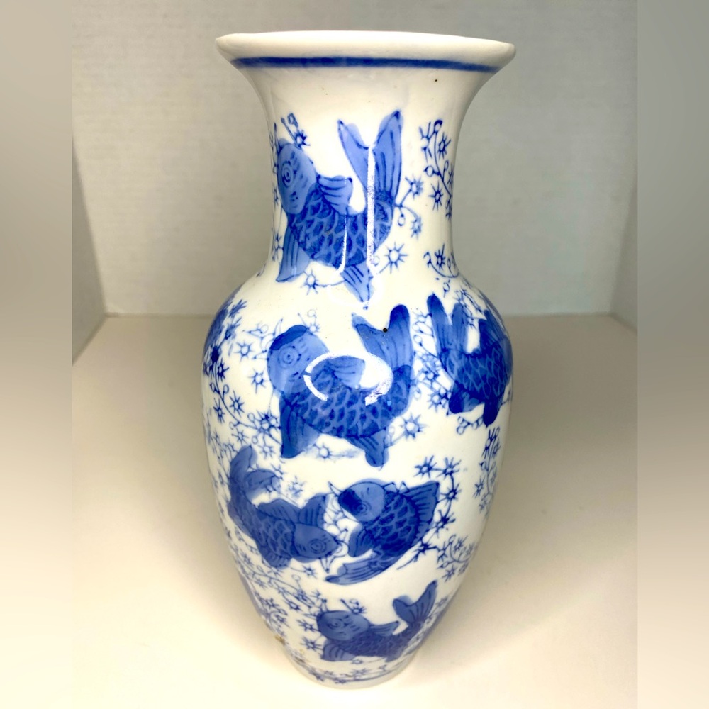 New in Box Embassy 8” Tall Porcelain Vase White with Blue Koi Pattern All Over